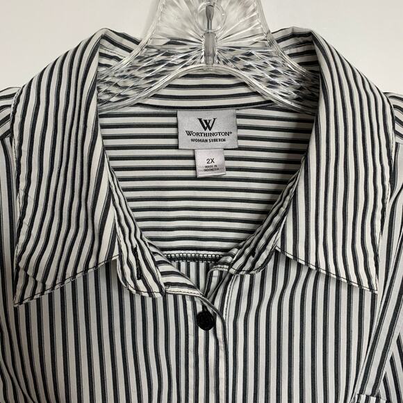 Worthington Womens 2X Black White Vertical Striped Button Down Long Sleeve Shirt - Picture 4 of 6